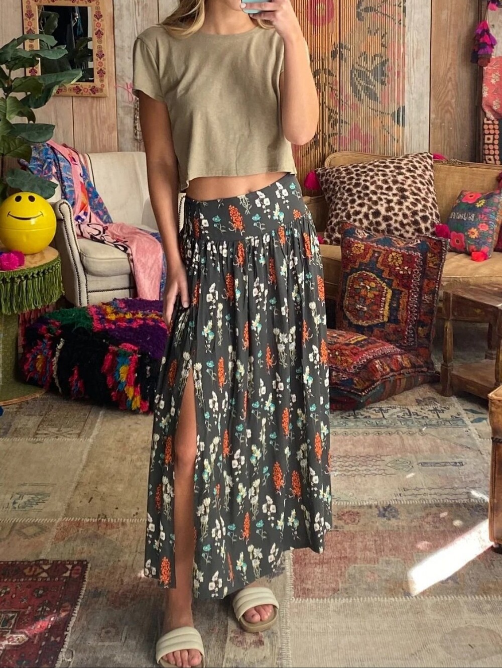 NATURAL LIFE ADDIE FLORAL MIDI SKIRT CHARCOAL BOHO SLIT SIZE M